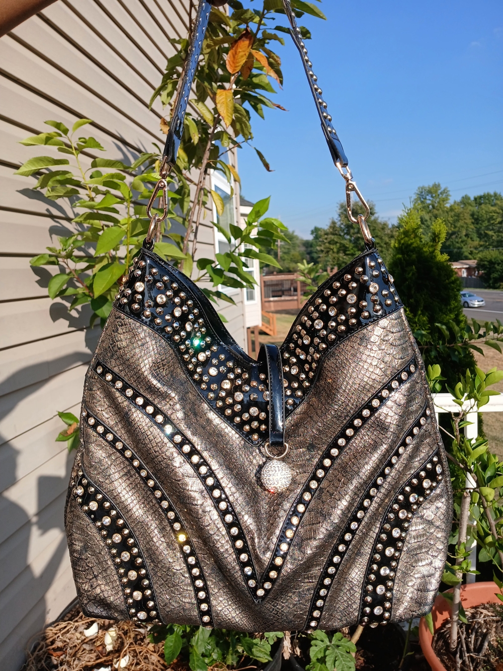 Studded Metallic Pewter Shoulder Bag with Crystal Charm
